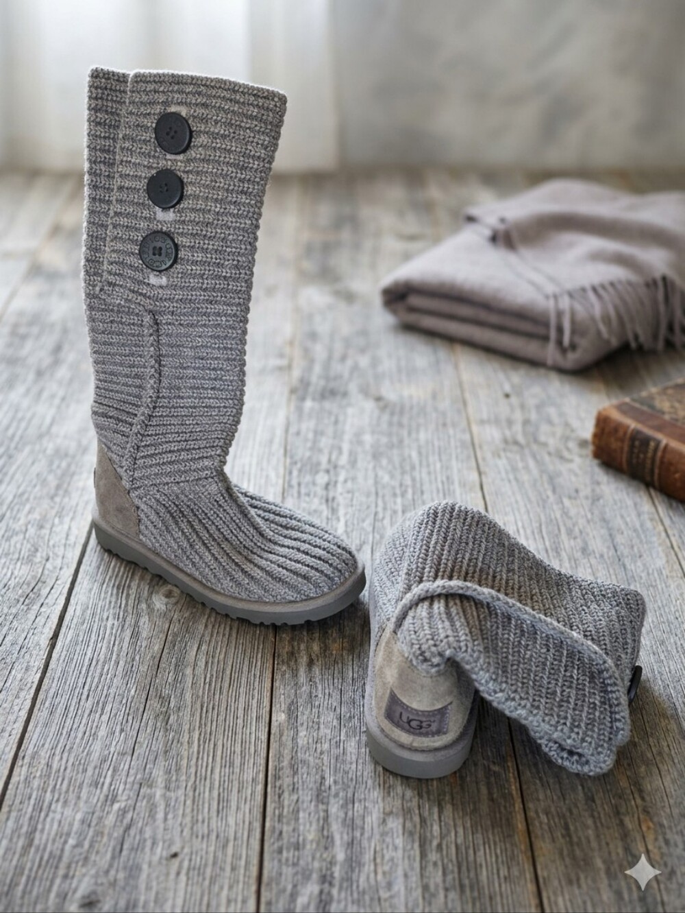 UGG Women's Cardy Gray Knit Button Tall Boots